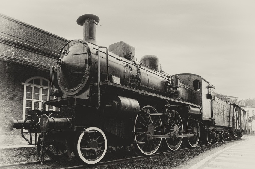 Italian steam locomotive in the station of Turin Ponte Mosca (Italy), repair workshop for old trains