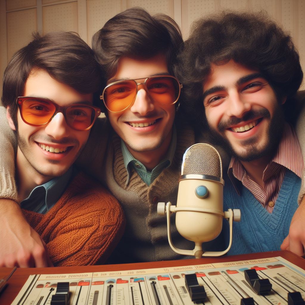 Tre amici dal nome Ferruccio, Maurizio e Giorgio al microfono della radio, sorridenti e divertiti in ambientazione anni '70