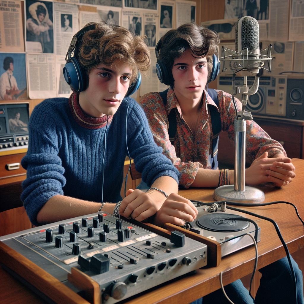 Amici al microfono della radio, sorridenti e divertiti in ambientazione anni '70